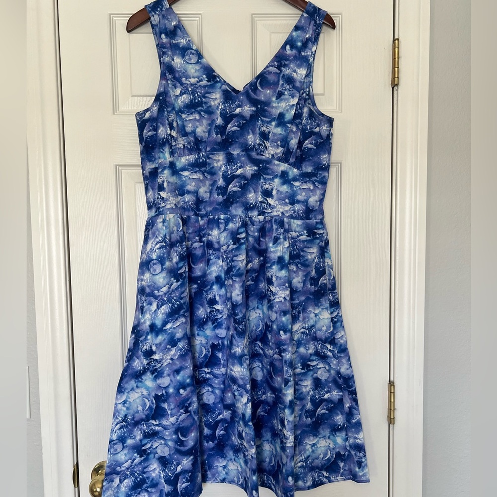 Blue and White cat patterned sleeveless dress